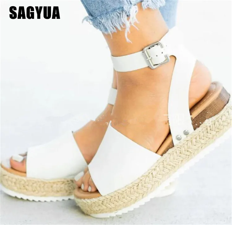 

Weaving Sandals Women summer Fish mouth Open Toe Wedges woman Leopard Casual shoes ladies platform Beach flip flops Buckle A446