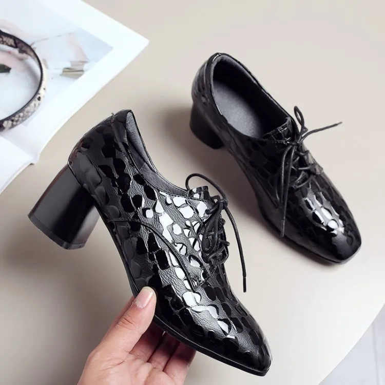 

MLJUESE 2019 women pumps cow leather autumn spring lace up black color square toe high heels pumps lady shoes size 34-42