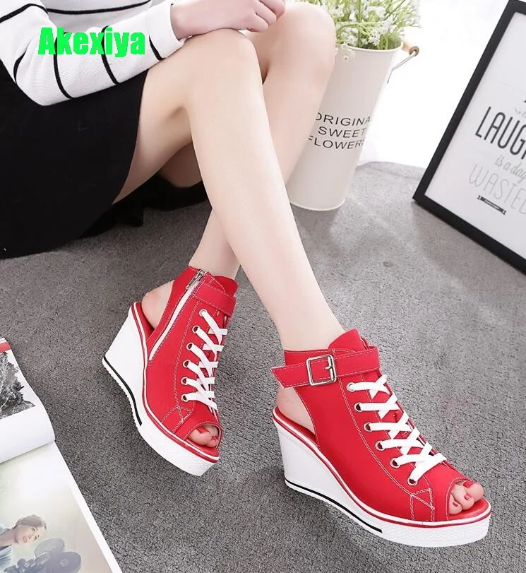 

2019 Wedges Shoes For Women High Top Pumps Fish Mouth Open Toe Casual Shoes Woman Height Increasing Platform Female Canvas Shoes