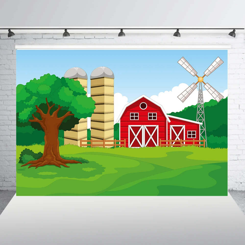 HUAYI Cartoon Farm Birthday Backdrop Red Barn Barnyard Photo booth Background for Kids Birthday Party Decor Table Banner xt-7720