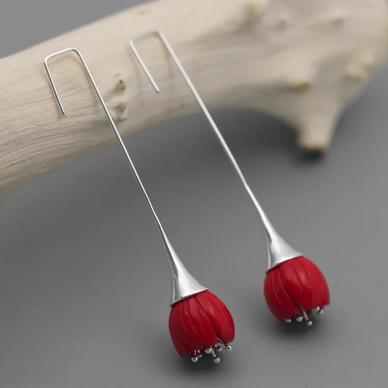 

INATURE 925 Sterling Silver Red Coral Flower Drop Earrings for Women Wedding Jewelry