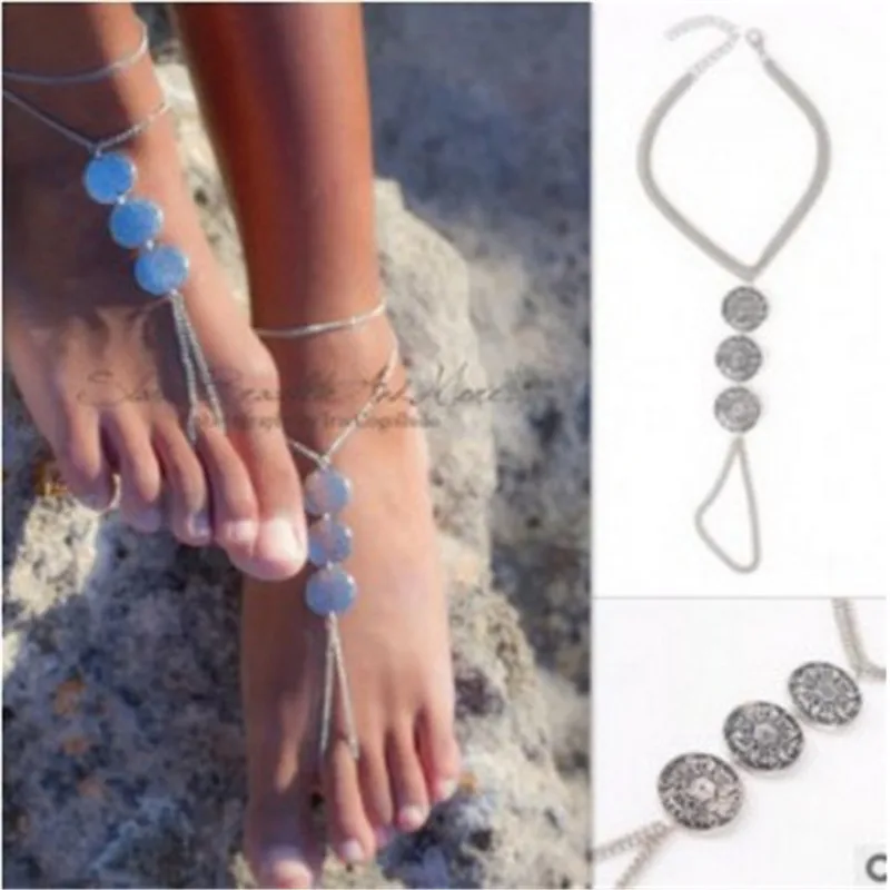 

New Fashion Charm Vintage Antique Silver Plated Anklet Ethnic Carving Coin Pendants Anklets Foot Chain Lucky Jewelry for Women