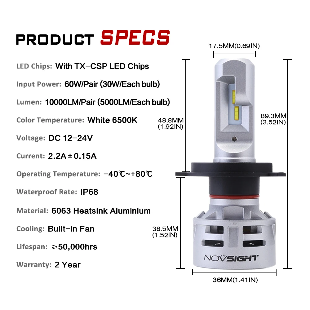 NOVSIGHT H7 светодиодный H4 светодиодный H11 HB3 9005 HB4 9006 Автомобильный светодиодный лампы накаливания 60 Вт 10000LM автомобильных фар Противотуманные фары 12V 24V