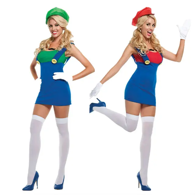 vocole super mario luigi brothers costume halloween girl cosplay plumber fancy dress green red fantasia adulto