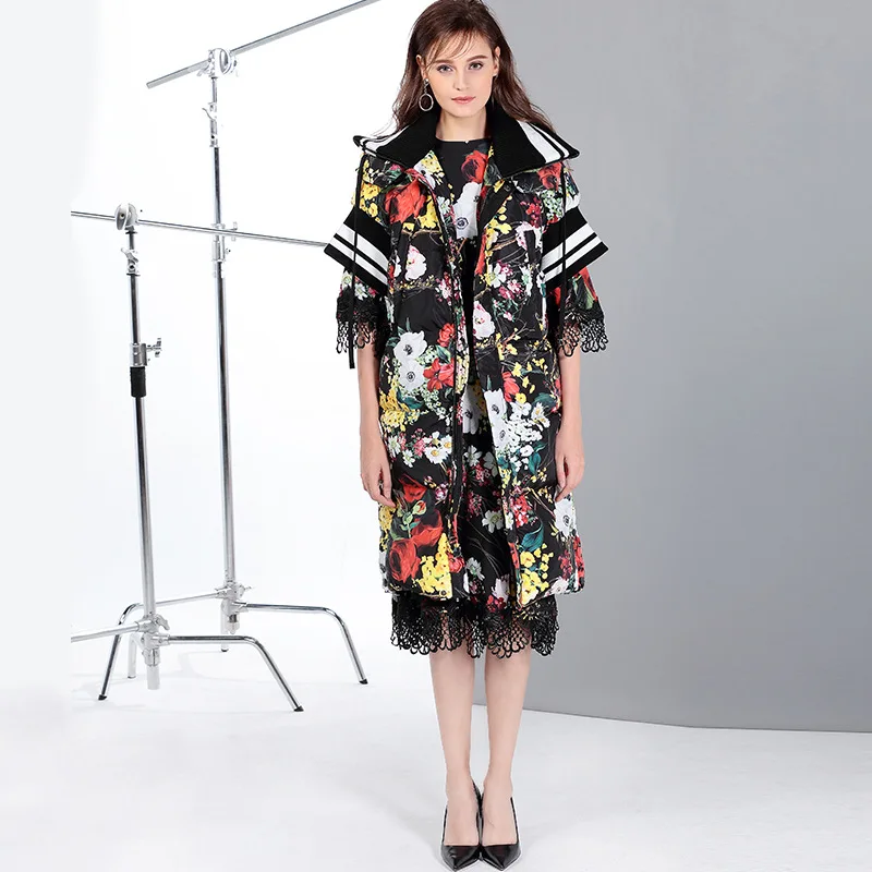 

High quality floral print Parkas coat New 2018 winter runways warm half sleeve hooded overcoats Fashion women's greatcoat D164
