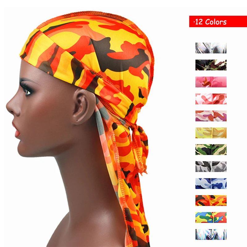 

Unisex Gamouflage Gilding Floral Laser Silky Bandana Hat Durag hip hop headwrap Bandanas Doo DU-RAG Long Tail velvet