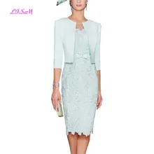 Mint Green Knee Length Mother Dresses with Jacket Lace Appliques Mother of the Bride Dress Elegant Evening Formal Gowns Mint Green Knee Length Mother Dresses with Jacket Lace Appliques Mother of the Bride Dress Elegant Evening Formal Gowns