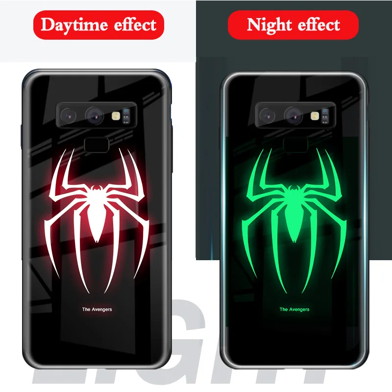 

Avengers Superman Spiderma Luminous Glass Case For Samsung Galaxy NOTE 9 iron Man batman back Cover For Galaxy Note 8 Phone case