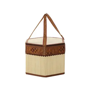

Bamboo Woven Picnic Basket Hamper Shopping Storage Basket with Lid and Handle
