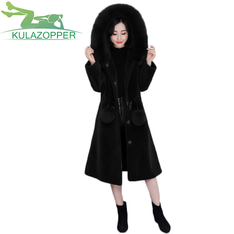 Avec De La Femmes Parka Chapeau Automne Berger pink army Manteau Laine Mode Long Black Green Hiver Nouveau Veste Renard Fourrure 2017 Ky072 Paragraphe Moutons OPXiukZ
