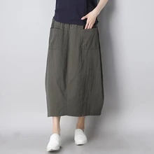 Женская летняя Весенняя хлопковая льняная Повседневная Длинная юбка, модная женская Свободная винтажная простая юбка с эластичным поясом и карманами F208