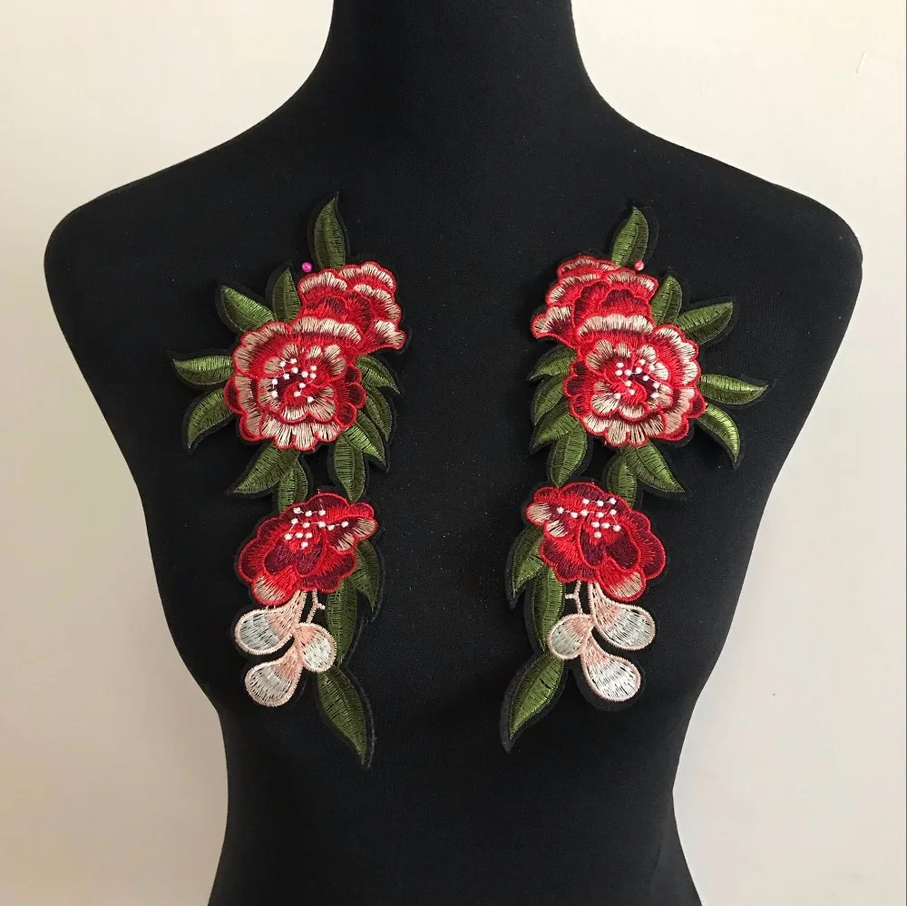 2Pcs/Pair 23*10cm DIY Red Rose Flower Patches For Clothes Embroidered