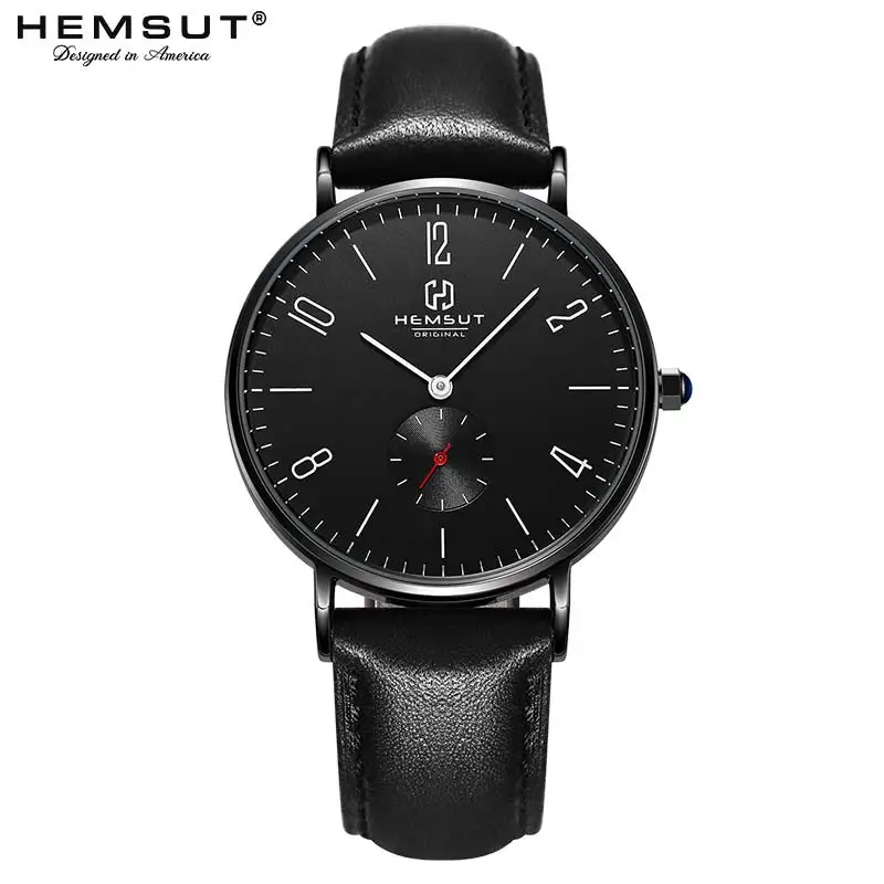 Мужские часы Hemsut, ультра-тонкие мужские часы, кожа, нержавеющая сталь, кварцевые часы, 30 м, водонепроницаемые, черные, relogio masculino
