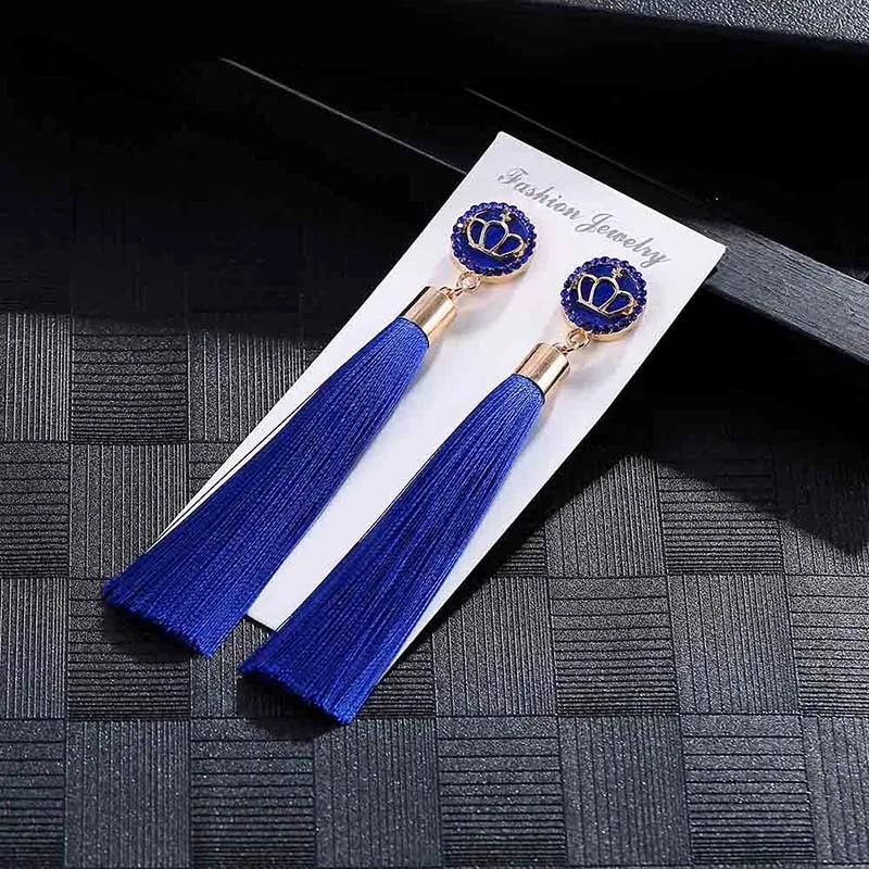 E5863 Trendy Drop Earrings CrownWomenLongBohemianBlueSilkBalckDangleMetalBohoGold Tassel Earrings 2018 Jewelry