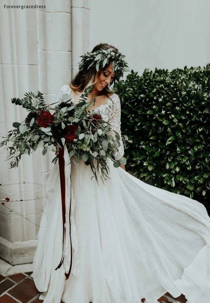 Simple Long Sleeve A-Line Two Pieces Beach Country Wedding Dresses 2018 Chiffon Ruffles Lace Top Boho Custom Made Bohemian Bridal Gowns  129 (1)