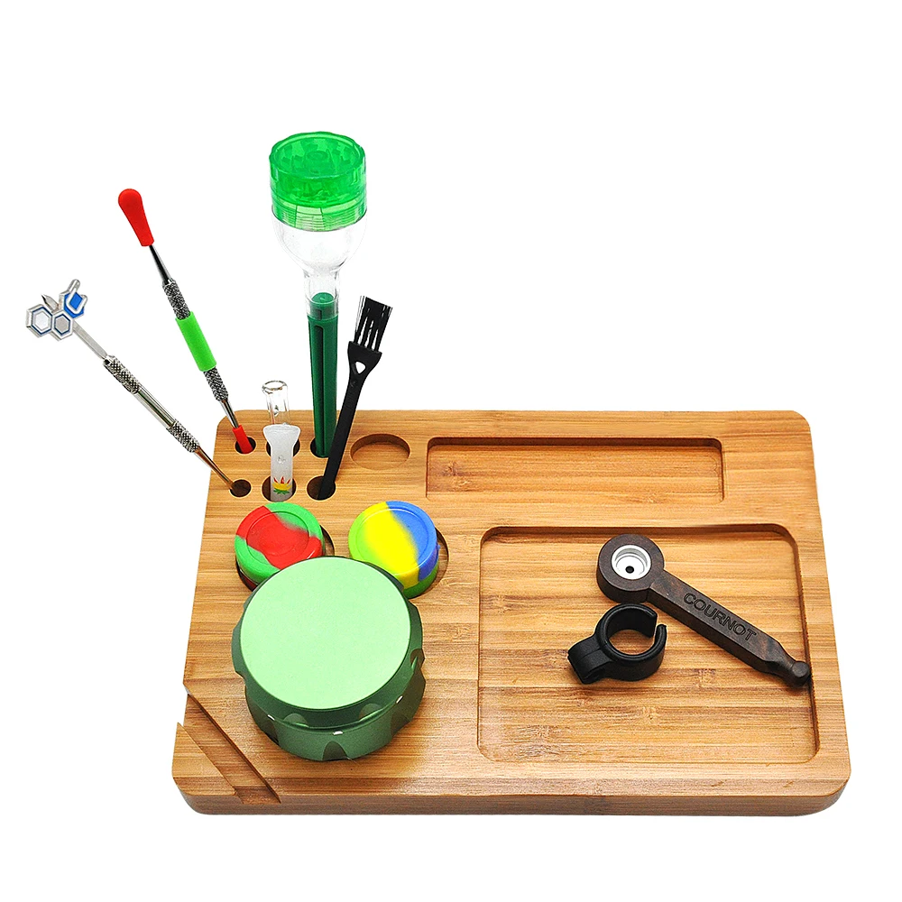 

Smoking Set: Rings + Wood Pipe + Cone Roller + Grinder + Pill Box + Metal Spoon + Brush + Filter Tip + Brush + Carving Tool+Tray