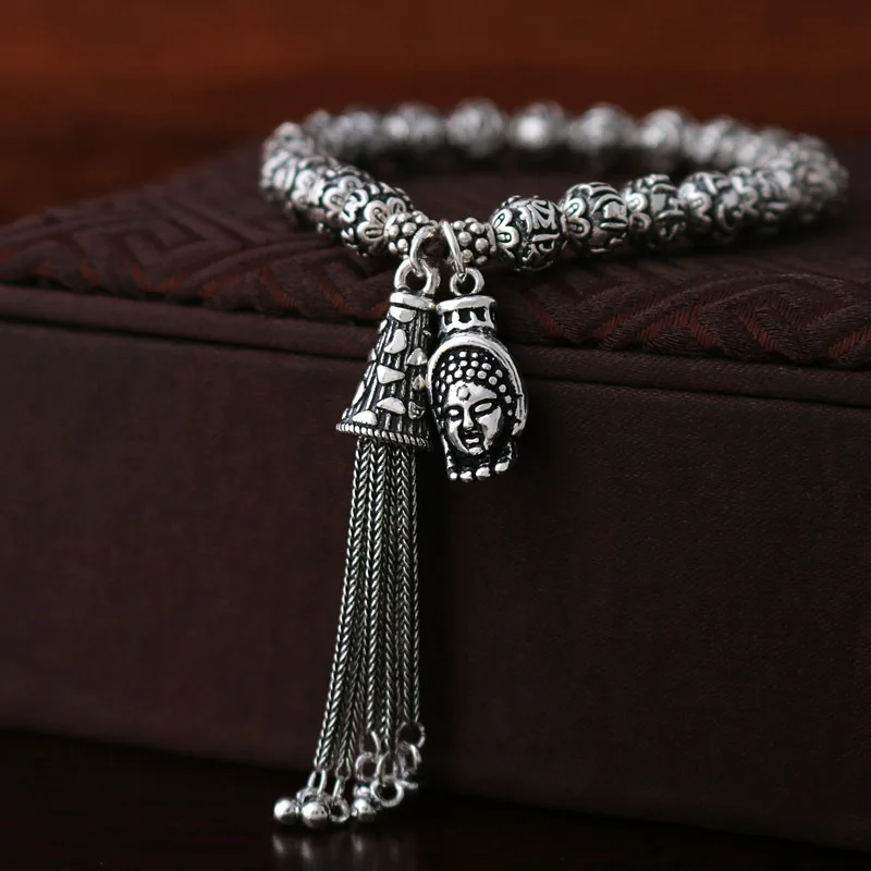 

Sterling Silver Om Mani Padme Hum Beads Buddha Hand Tassel Bracelet A2908