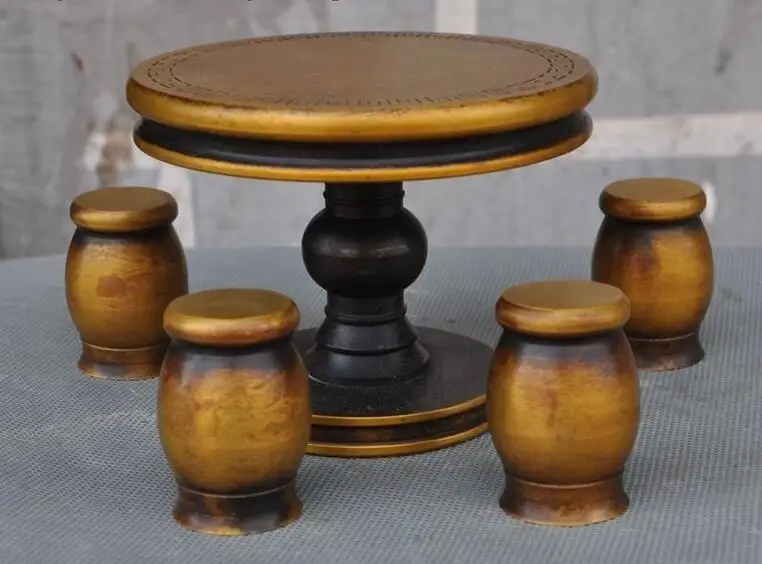 

Old Chinese Folk Home Copper Decorate Round Four Stool Table Chair Desk Set