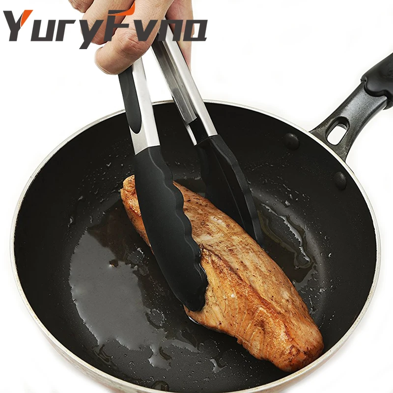 

YuryFvna Set of 2 Non-Stick Silicone Tong 9-Inch&12-Inch Black Kitchen Stainless Steel Tong Salad&Grill Serving Bread Clamp