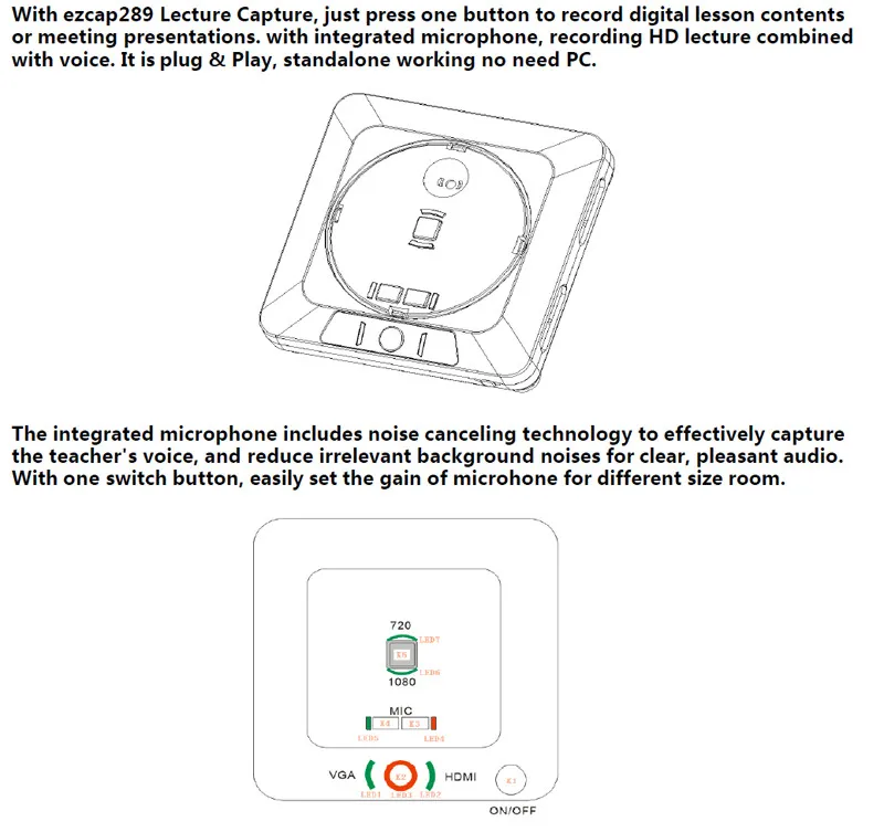 Ezcap289 1080P HDMI лекционный рекордер VGA видеозахвата Встроенный микрофон для записи лекционных занятий Конференции на USB диск