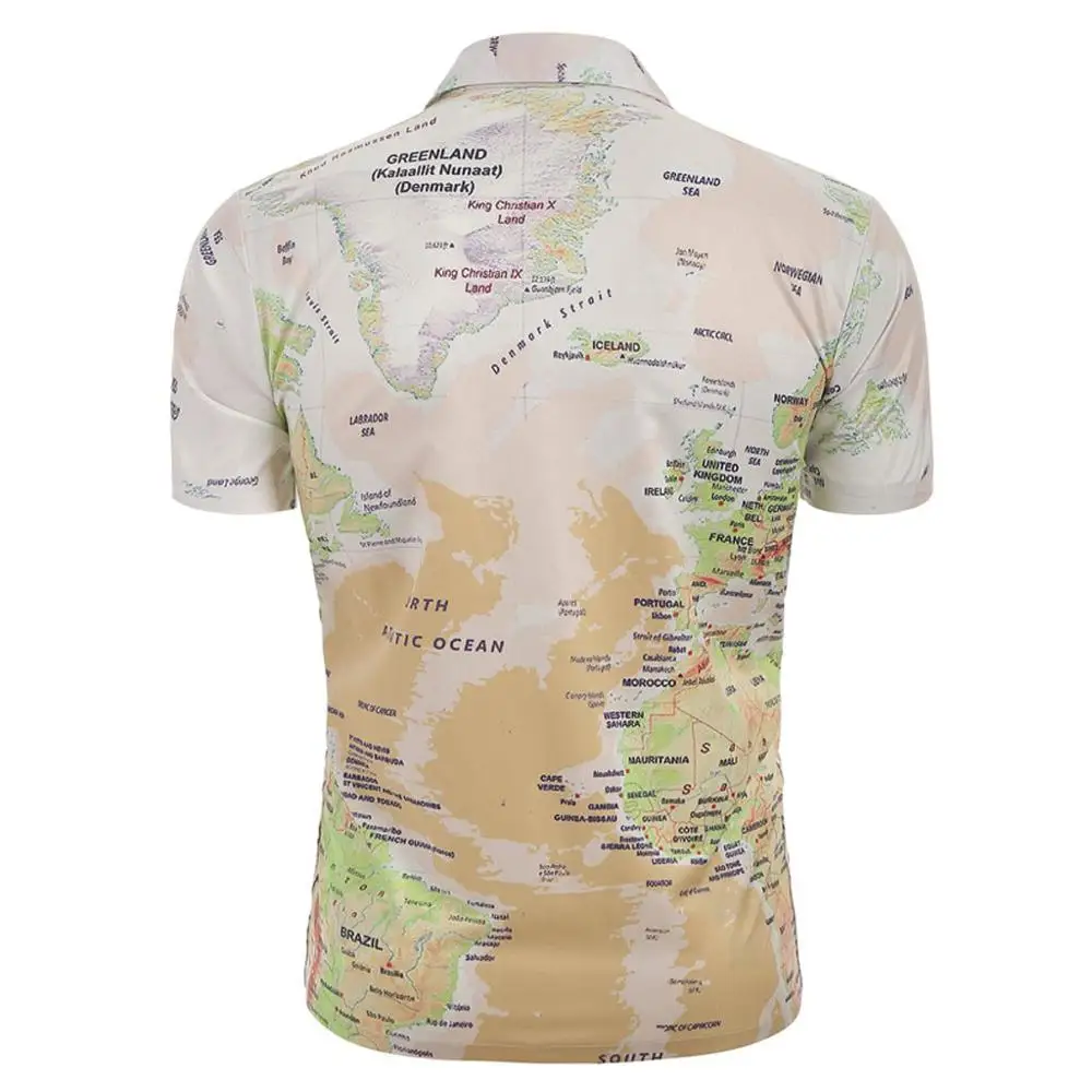 Летняя мужская Повседневная рубашка с принтом карта мира на пуговицах, топ, красивая блузка, camisa masculina hombre, Прямая поставка D