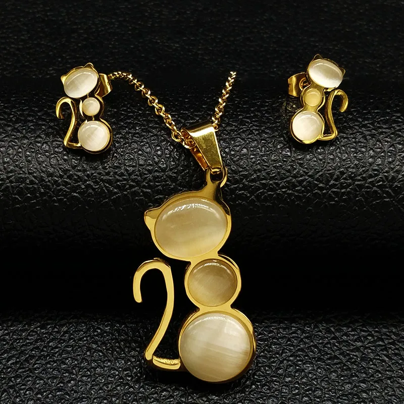 2018 moda gato ópalo pendientes de acero inoxidable collar mujeres oro Color joyería conjuntos juego de joyeria de acero gato 178554