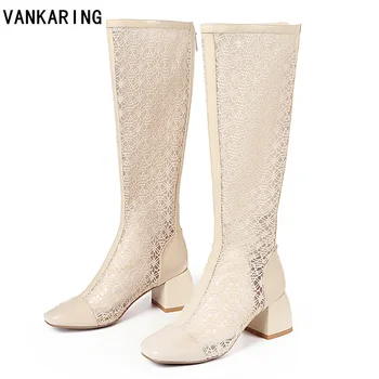

classic fashion lace cut-outs gladiator summer boots sandals women knee high boots ladies sexy black leather dress shoes woman