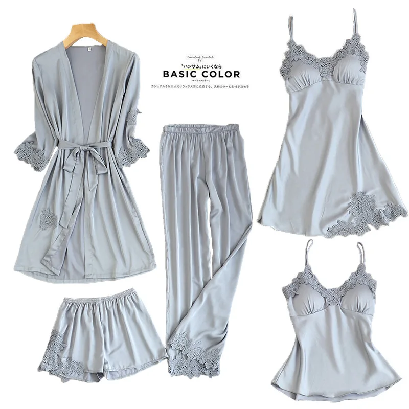 

Womens 5PC Strap Top Pants Suit Pajamas Sleepwear Sets Spring Autumn Home Wear Nightwear Kimono Robe Bath Gown M-XL