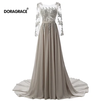 

Doragrace Elegant Applique Long Sleeves Lace Chiffon Gray Evening Dresses Long Prom Dress