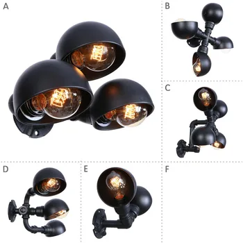 

Nordic industrial simplicity Multiple light sources indoor vintage water pipe wall lamp black hemisphere ball lampshade E27base
