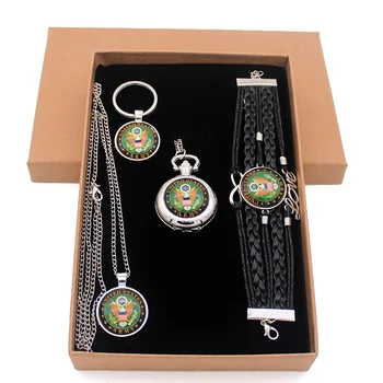 

Fashion Classic United States Army Jewelry Gift Set Have Pocket Watch And Pendant Necklace And Key chain Bracelet With Gift Box