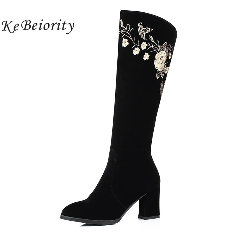 

KEBEIORITY Women Boots Autumn Thick Heel High Heels Knee High Boots Black Ladies Embroidered Boots for Women Fall Boots 2019