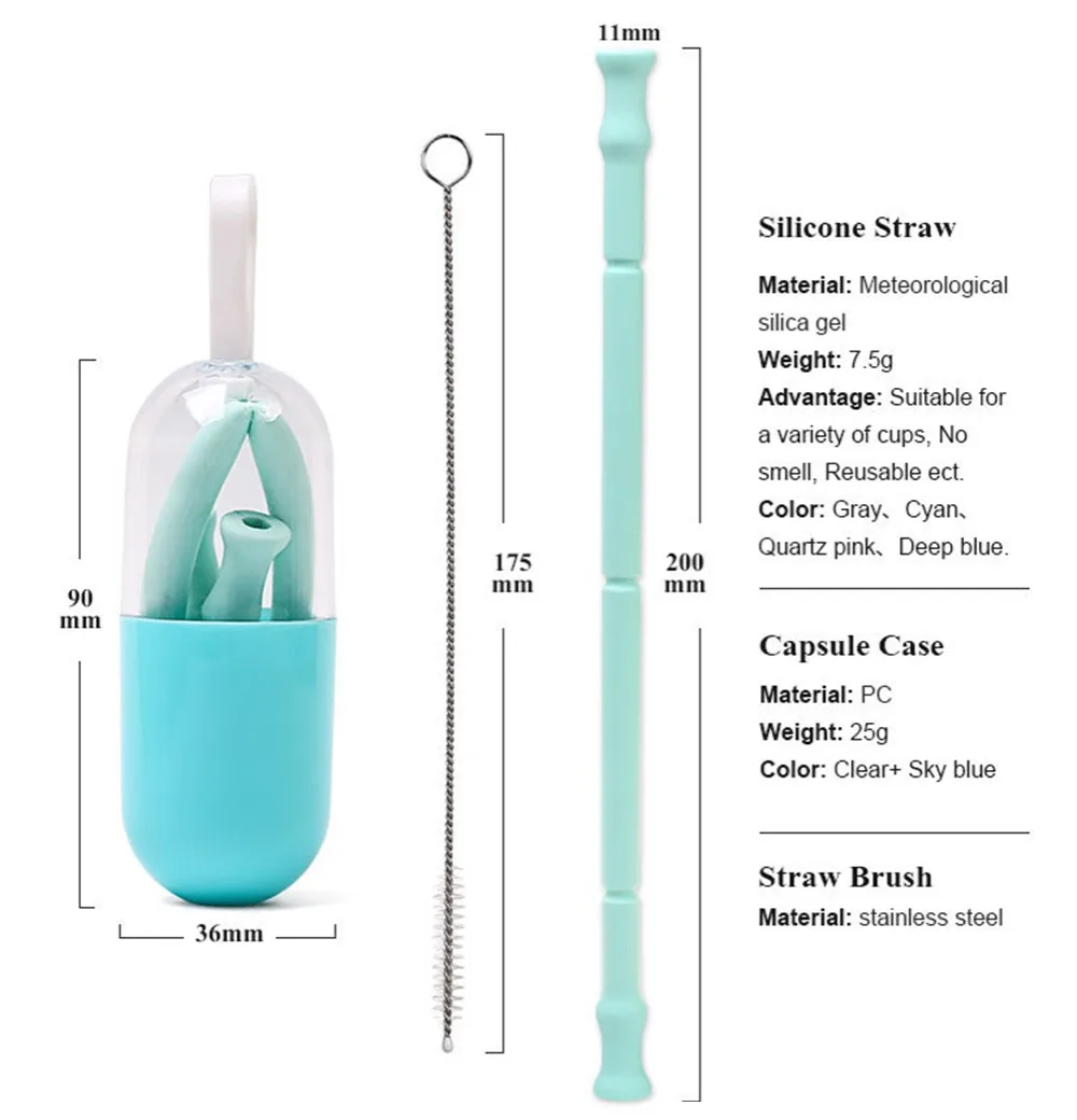 Домашние офисные напитки Складная Силиконовая трубочка многоразовая гнущаяся соломинка для напитков с футляром и щетка для чистки путешествий