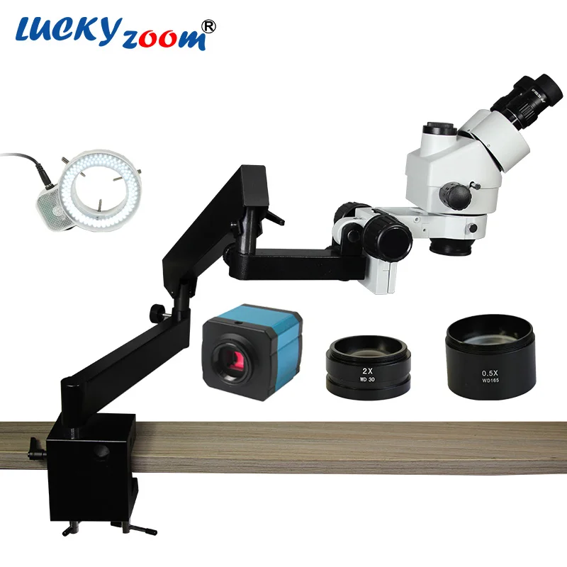 

Lucky Zoom Brand 3.5X-90X Trinocular Stereo Microscope Articulating Arm Pillar Clamp Trinocular Microscope Set 14MP HDMI Camera