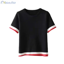 ENbeautter вязать футболка стороне Сплит короткие O-шея летние топы черного хлопка белого тройники моды Повседневные топы для женщин