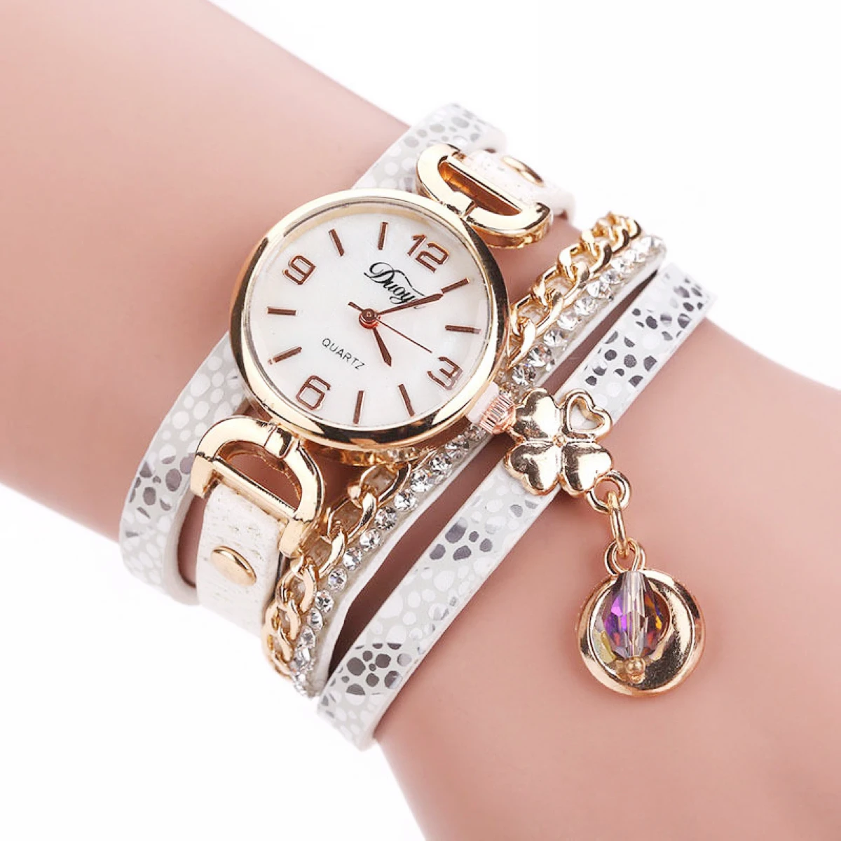 Women's Crystal Rhinestone Leopard Leather Chain Wrap Bracelet Wrist Watch