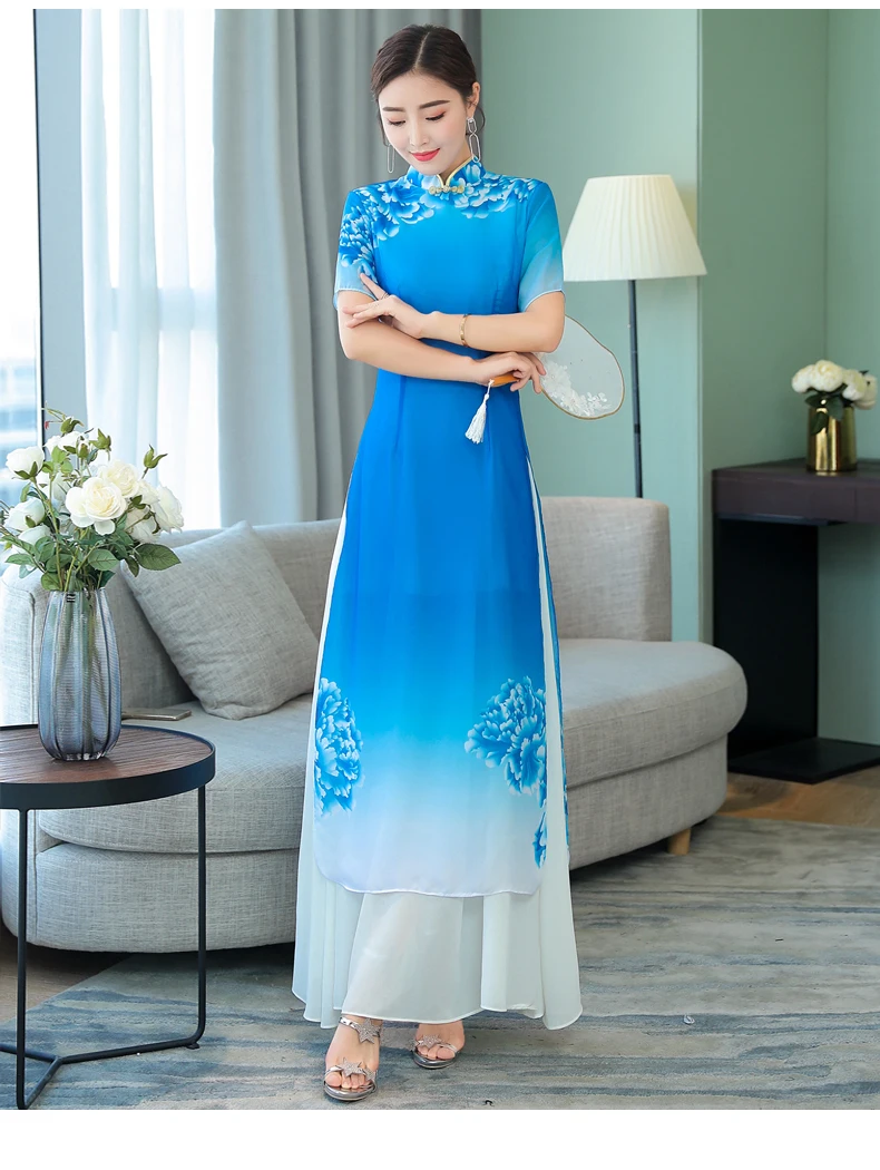 2019 Новое поступление женские этап платье шоу с коротким рукавом в стиле ретро элегантные длинные qipao глубокие боковые разрезы аозай