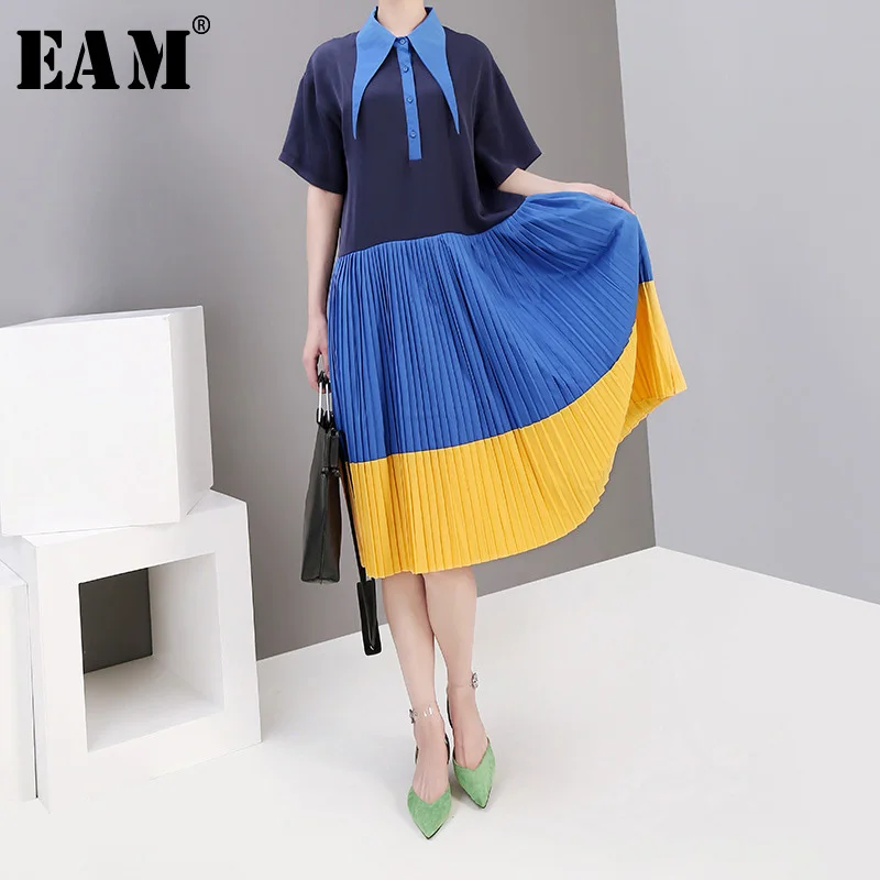 

[EAM] 2019 New Spring Summer Turn-down Collar Short Sleeve Hit Color Spliced Pleated Loose Dress Women Fashion Tide JY365