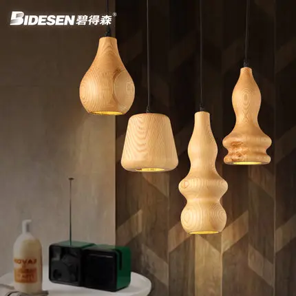 ФОТО Nordic wood bar restaurant chandelier simple modern creative wooden bedside lamp pandent lights gourd