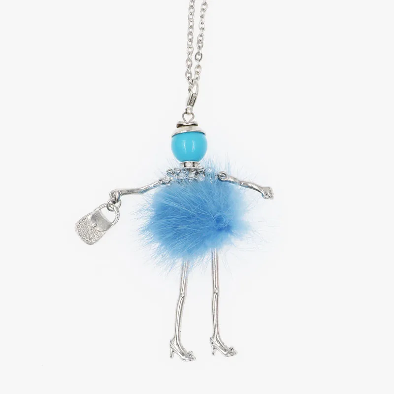 Fashion Lovely Paris Doll Pendant Necklace For Girls Children's Long Necklace Modern Lady's Imitation Rabbit Hair 5 Colors Gift 4 blue
