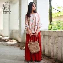LZJN, модная женская блузка, лето-осень, в клетку, с принтом, китайский стиль, блузки, с 3/4 рукавом, рубашки для девушек, этнические Топы