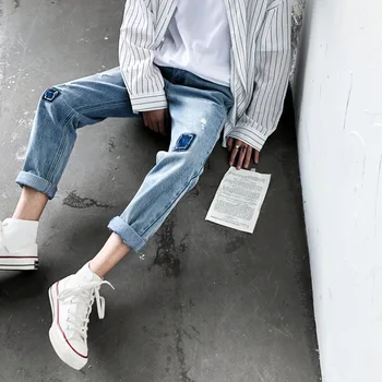 

Men's Tide Nine Points Pants Hip Hop Street Style Pants Casual Wild Student Jeans Handsome Broken Hole Jeans