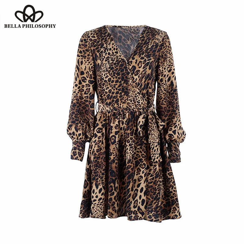 Wonder 2018 new autumn Leopard Print Mini Lady Club Wrap Dress Elegant V Neck Sexy Streetwear Vintage Dress Female Vestidos