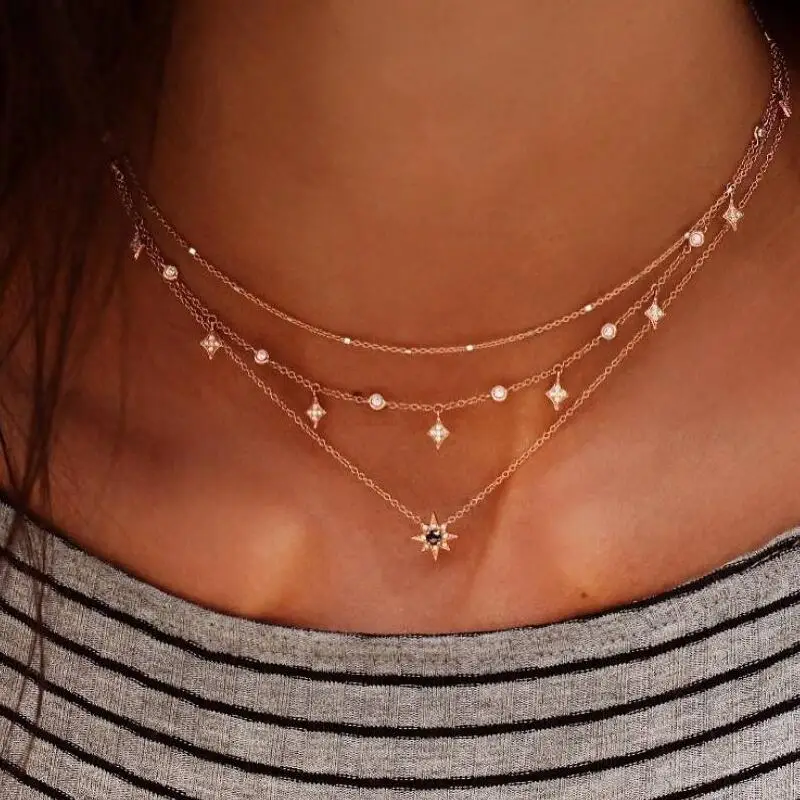 

MissCyCy Fashion Gold Color Multilayer Chain Choker Necklace Women Rhinestone Star Pendant Necklace Beach Jewelry 2018 New