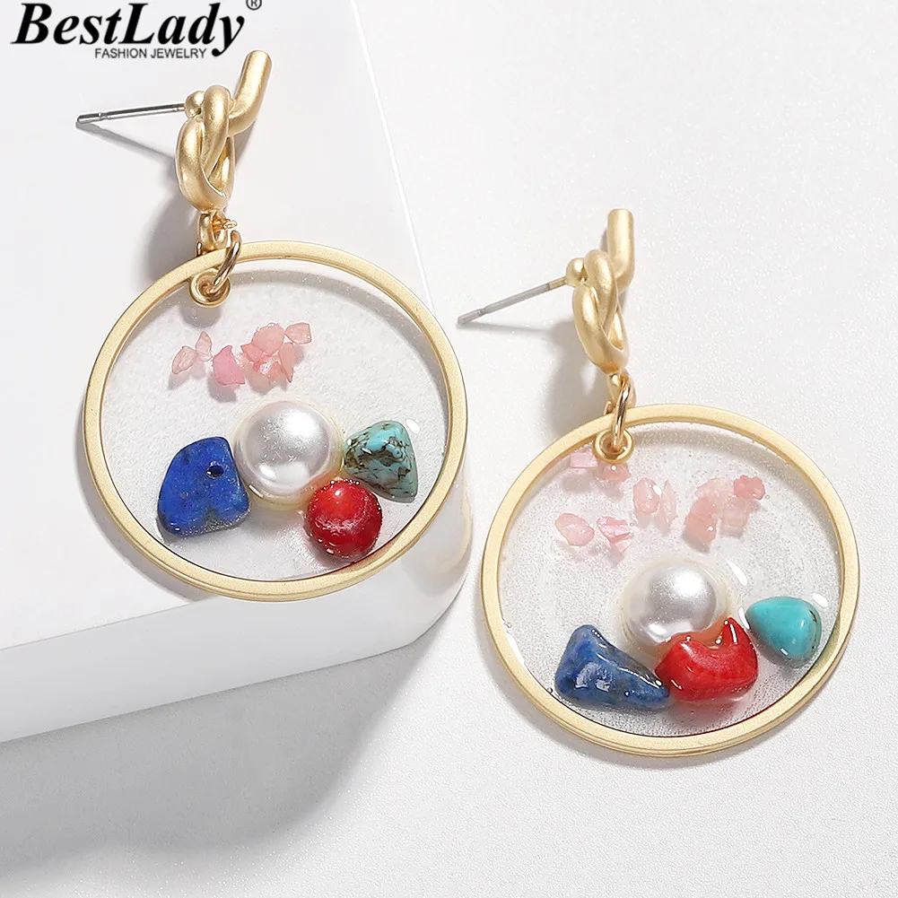 

Best lady Bohemian Simulated Pearl Round Drop Earring Women Wedding Trendy Metal Colorful Girl Gift Party Statement Earring