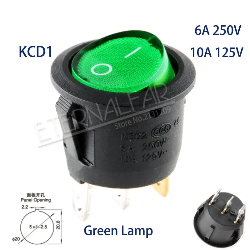 KCD1 Green Lamp 3J2D SPST 6A 250 в 10 a 125 В AC ВКЛ-ВЫКЛ круглый переключатель 12 В светодиодный кулисный переключатель Светодиодный точечный светильник Светодиодная подсветка для автомобиля приборной панели - Цвет: KCD1 Green Lamp 3J2D