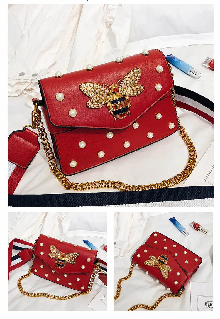 Women's Pearl Bee Leather Handbags Crossbody Bags for Women 2018 Italian Style Luxury Chain Clutch Designer Female Shoulder Bag (6)