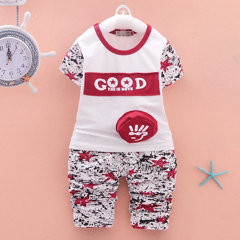 Новая летняя одежда для маленьких мальчиков для новорожденных, детская одежда с героями мультфильмов, Детская Хлопковая футболка с изображением смайлика и шорты 2 шт./компл. модные костюмы - Цвет: LX goodS Red