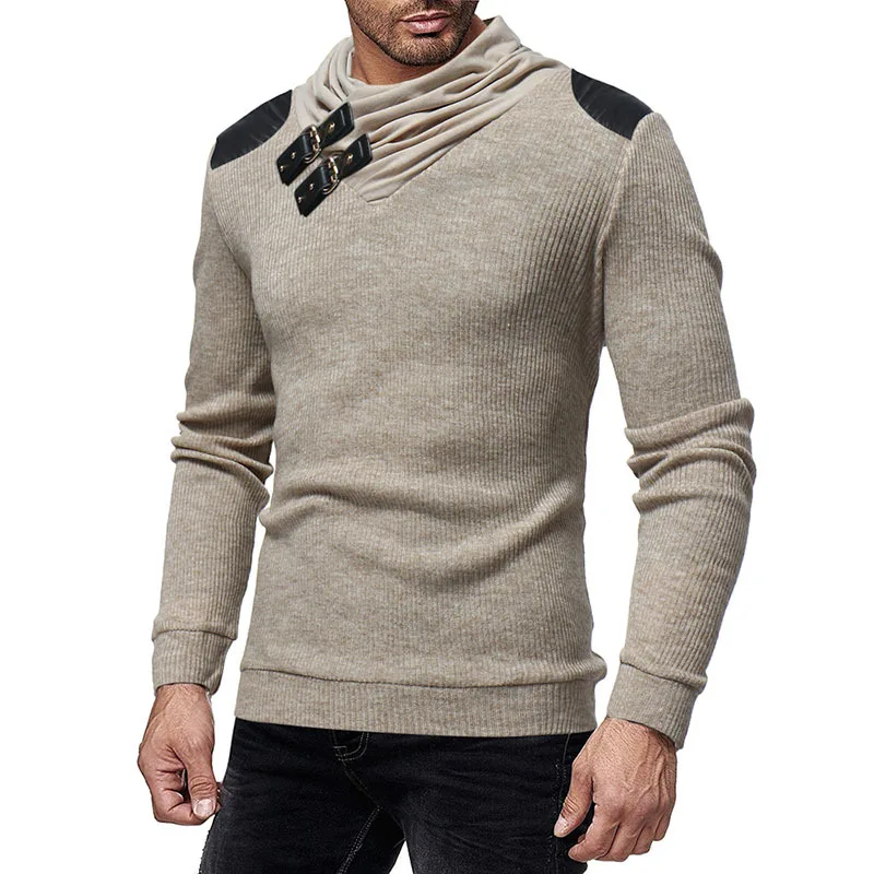 В европейском и американском стиле мужской свитер сплошной цвет Куча Воротник Тонкий пуловер Трикотаж модные декоративные пряжки