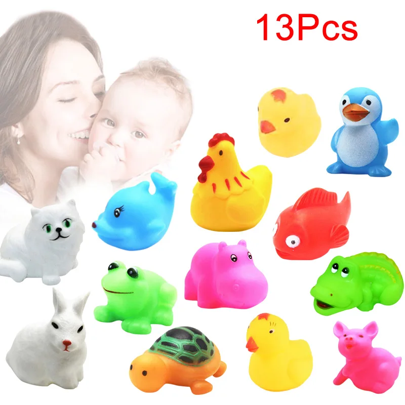 

2018 New 13Pcs Bathtub Toys Mixed Squeeze Squeaky Animals Colorful Soft Rubber Bathing Float Toys for Baby Kids -17